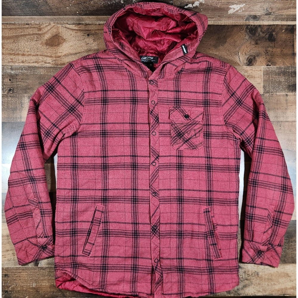 Vintage FMF Racing Jacket Mens XL Red Flannel Plaid Y2K Moto Hooded Coat Quilted
